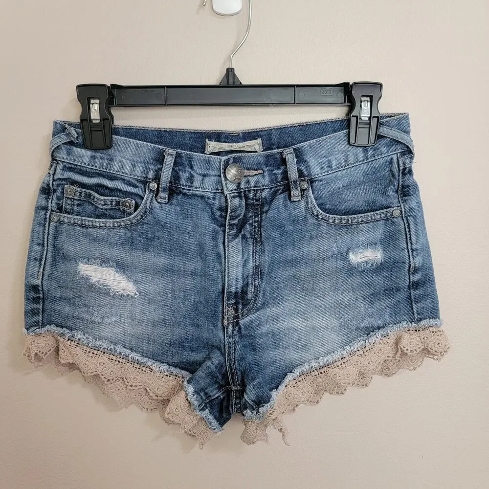 Free People Distressed Lace Denim Shorts Size 25